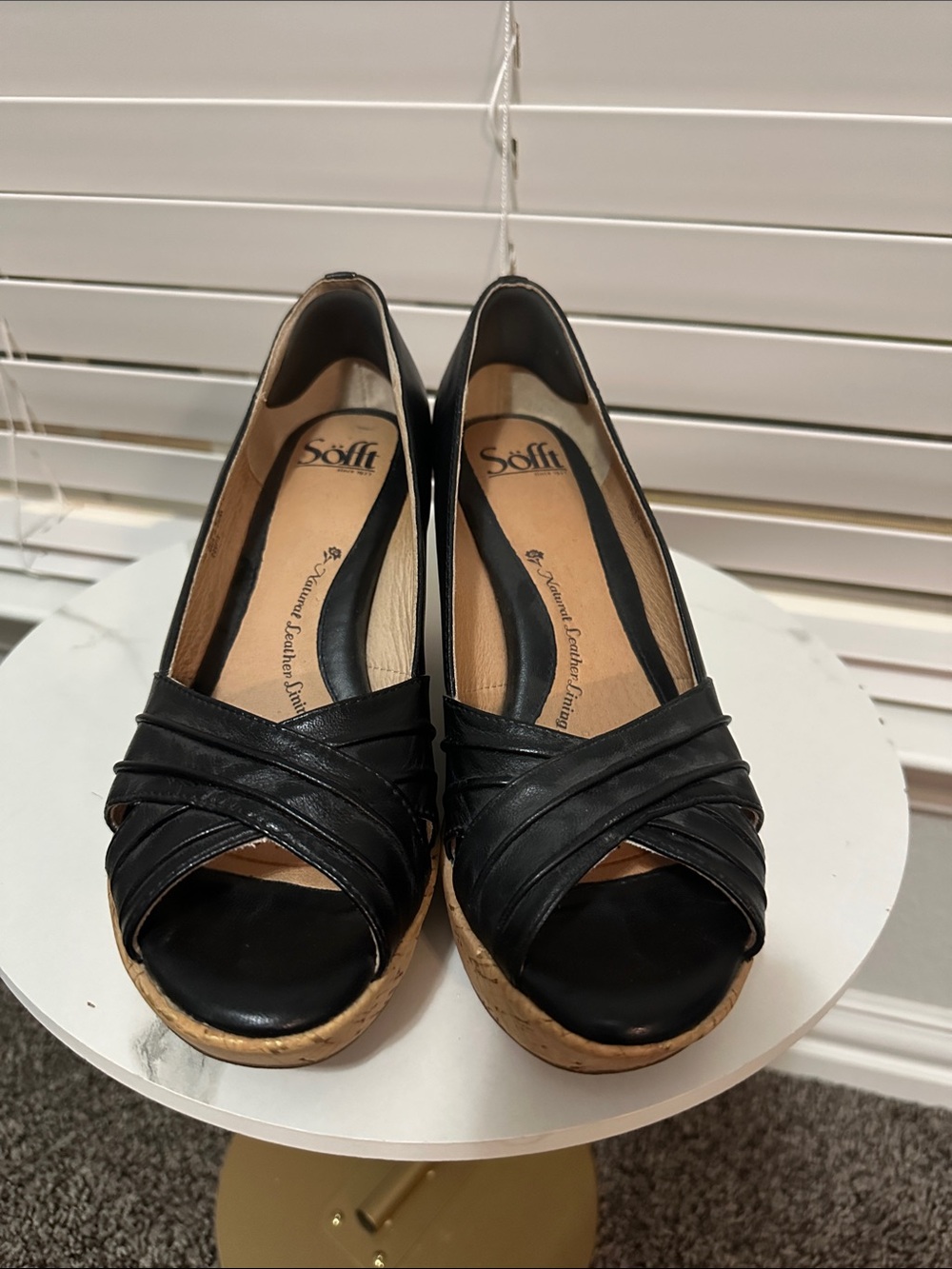 Sofft Black Leather Peep-Toe Cork Wedge Heels - Picture 2 of 3